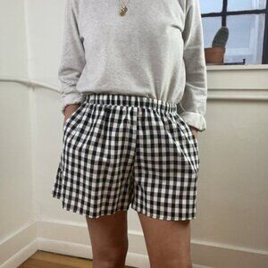 NLT No Less Than Black White Gingham Shorts Elastic Waist Cotton/Linen Medium‎